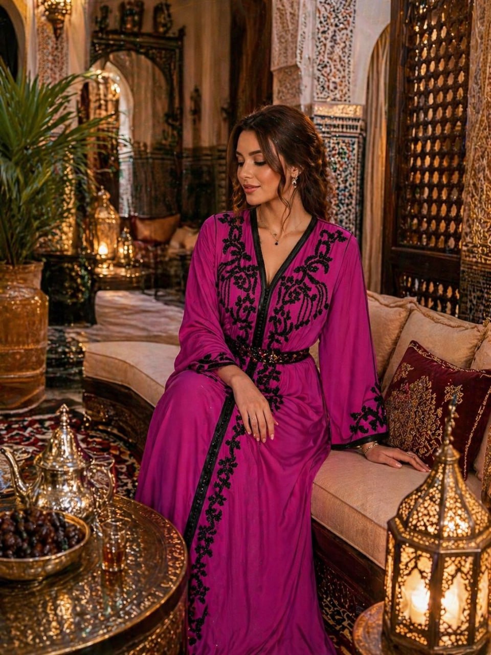 Caftan Yasmine — Fuchsia & broderie noire