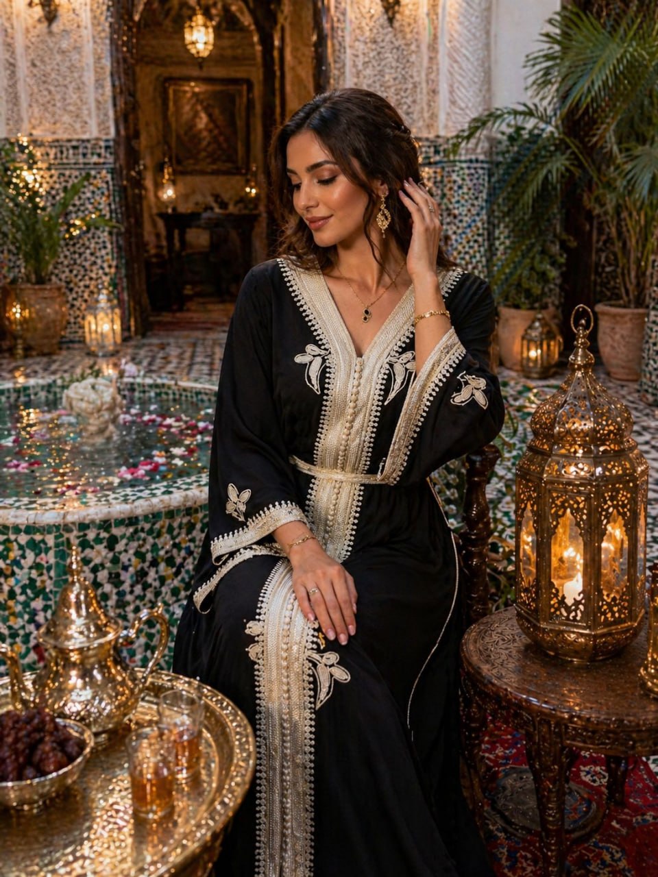 Caftan Najwa — Noir & dentelle ivoire