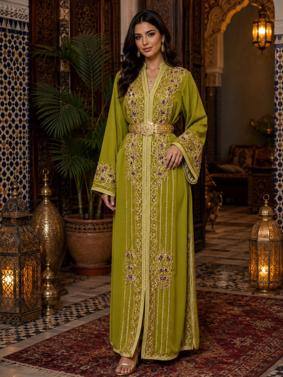Caftan Salma — Vert olive & fleurs brodées