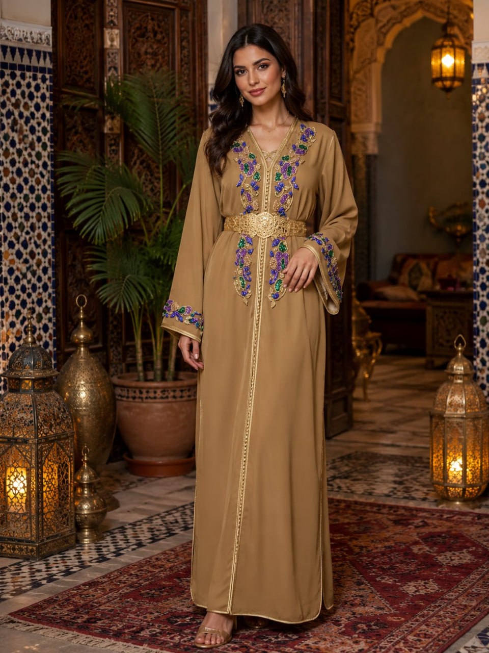 Caftan Houda — Camel & broderie florale
